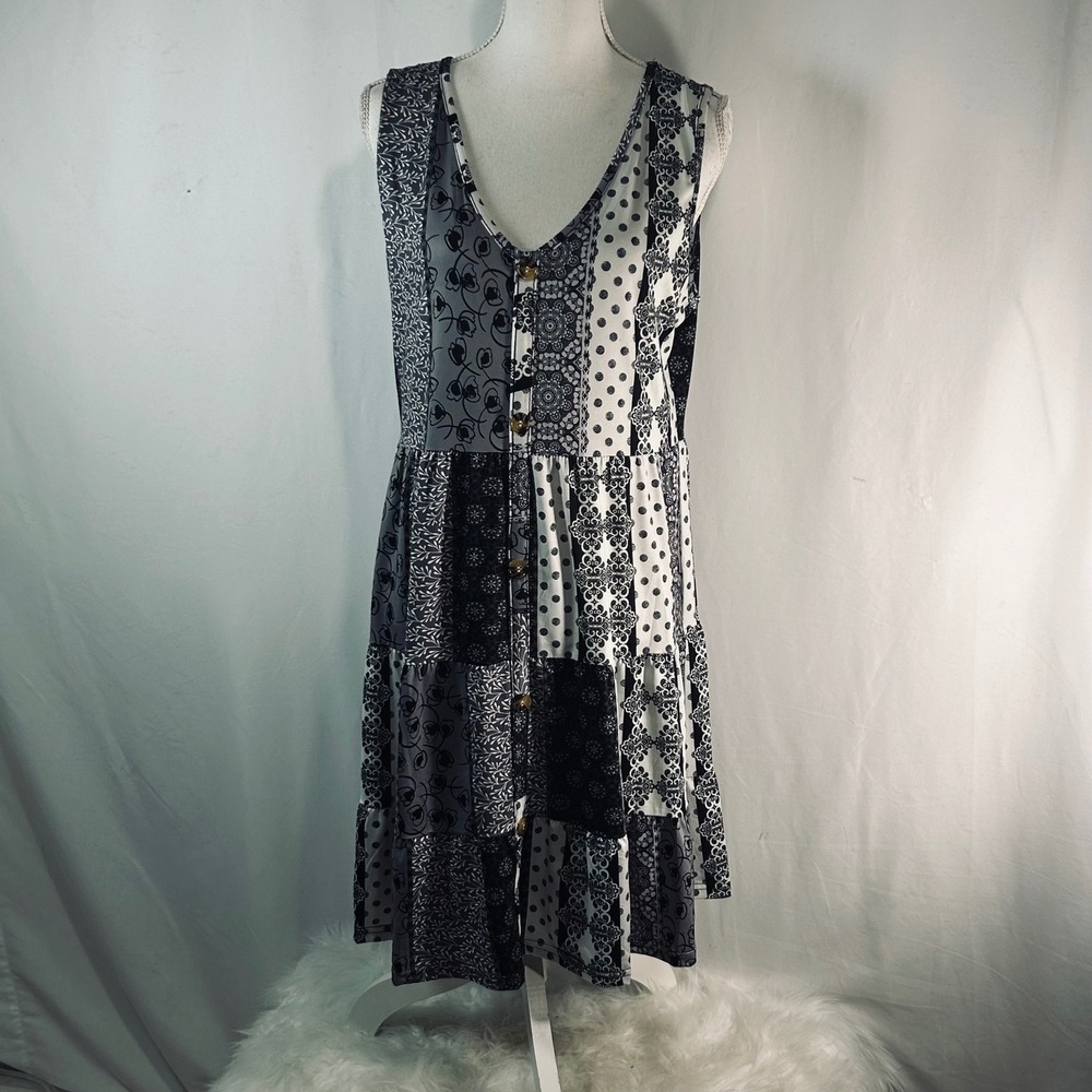 LOVEU.DEAR Black White Patchwork Floral‎ Polka Dot Tiered Midi Dress Large